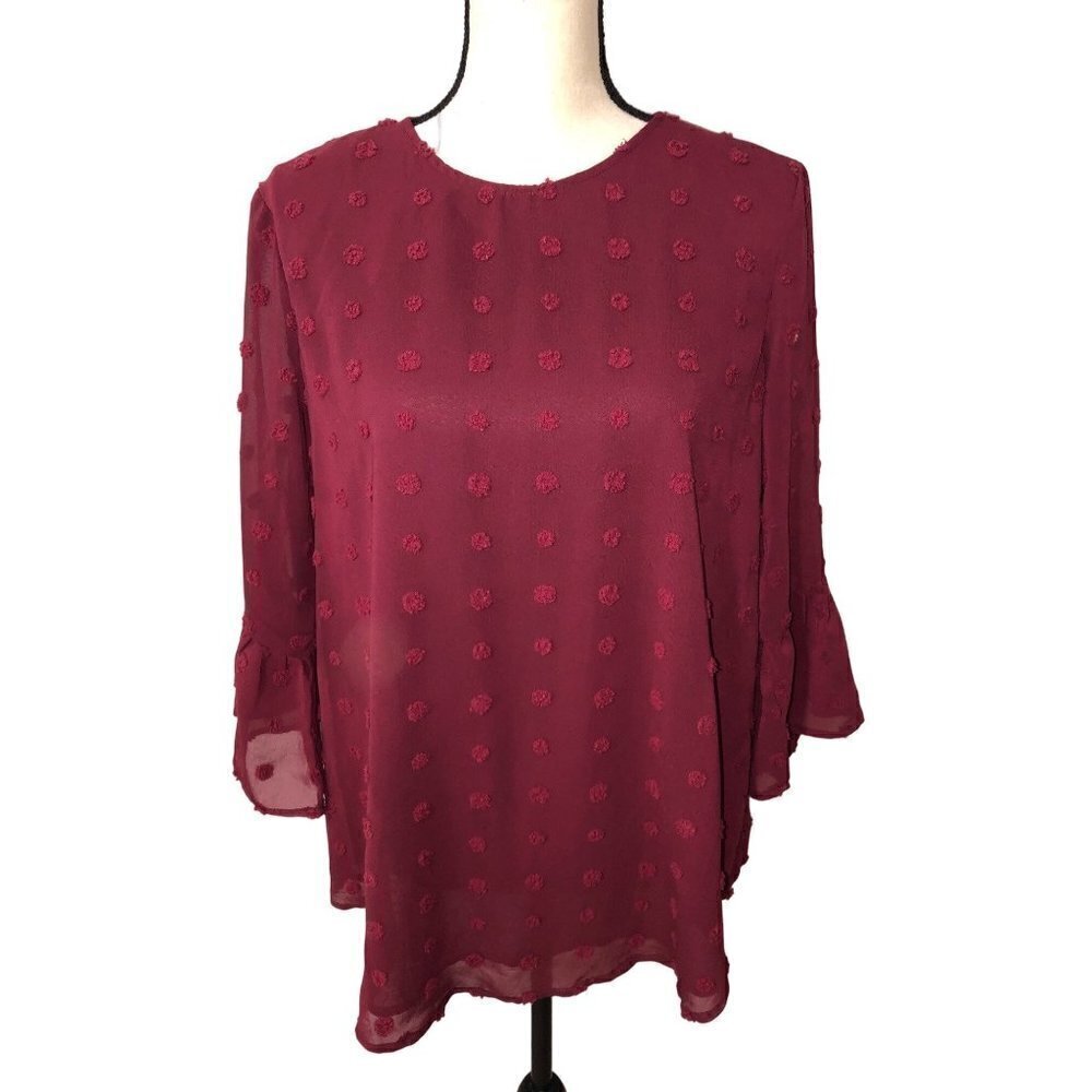 Betsys Boutique Shop Size S Textured Dots Flutter Blouse Burgundy Red Tunic Top